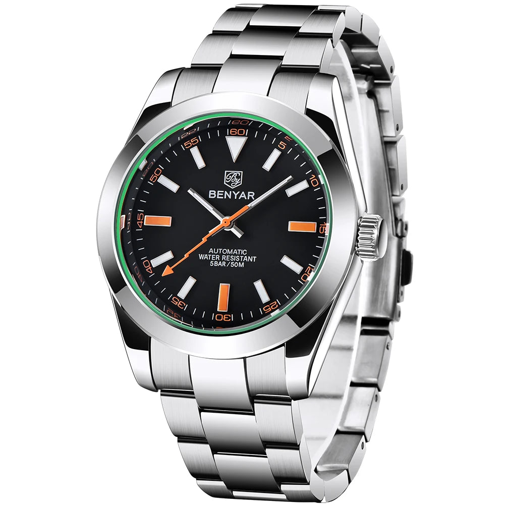BENYAR Automatic Watch — Orange Lightning-Bolt Seconds Hand, 50M Water Resistant Metal Oyster Strap [Colour Choices]