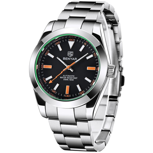 BENYAR Automatic Watch — Orange Lightning-Bolt Seconds Hand, 50M Water Resistant Metal Oyster Strap [Colour Choices]