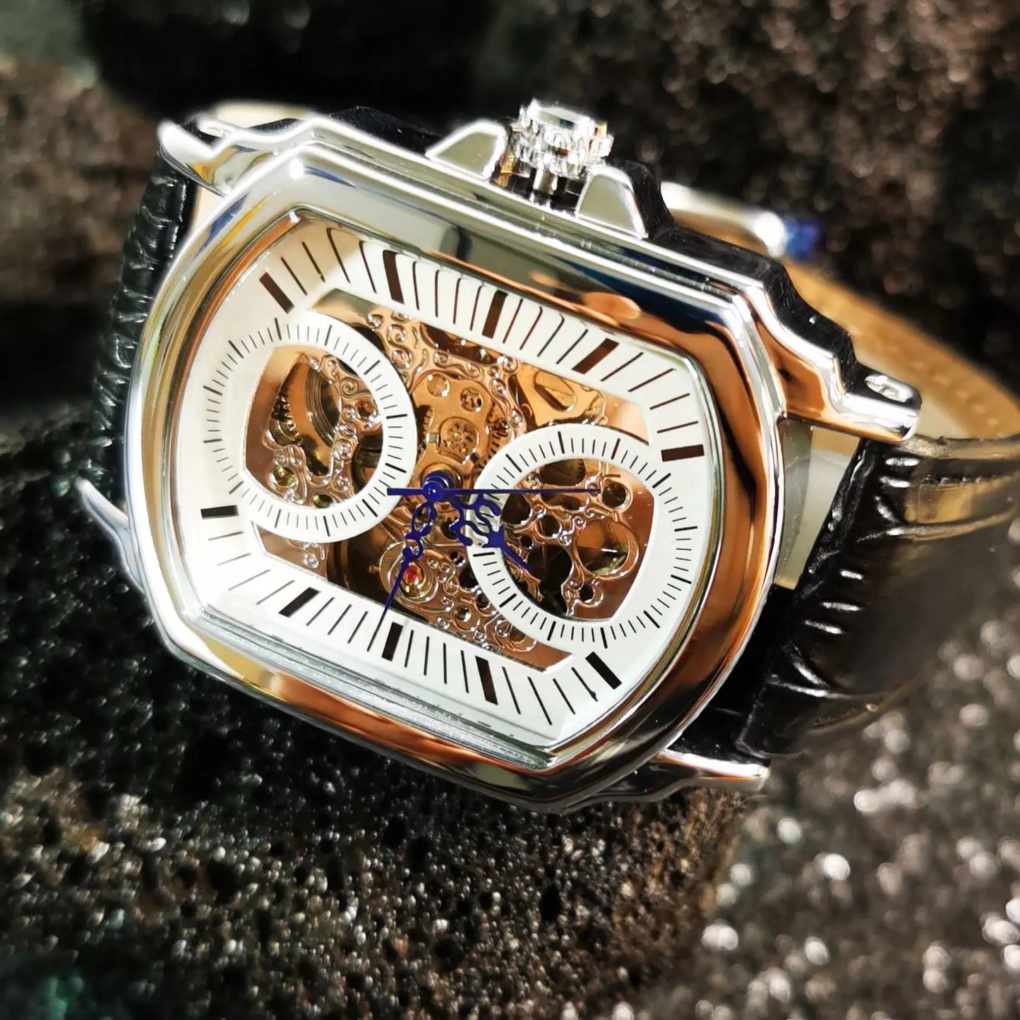 Bold Rectangle Skeleton Automatic Watch — Exhibition Case Back, Silver & White Dial