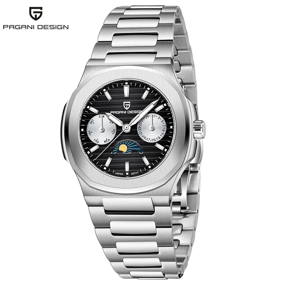 Stand Out Pagani Design PD-1786 — Women's Quartz Watch, Moon Phase & Day-Date, Ceramic Bezel [Multiple Colour Options]