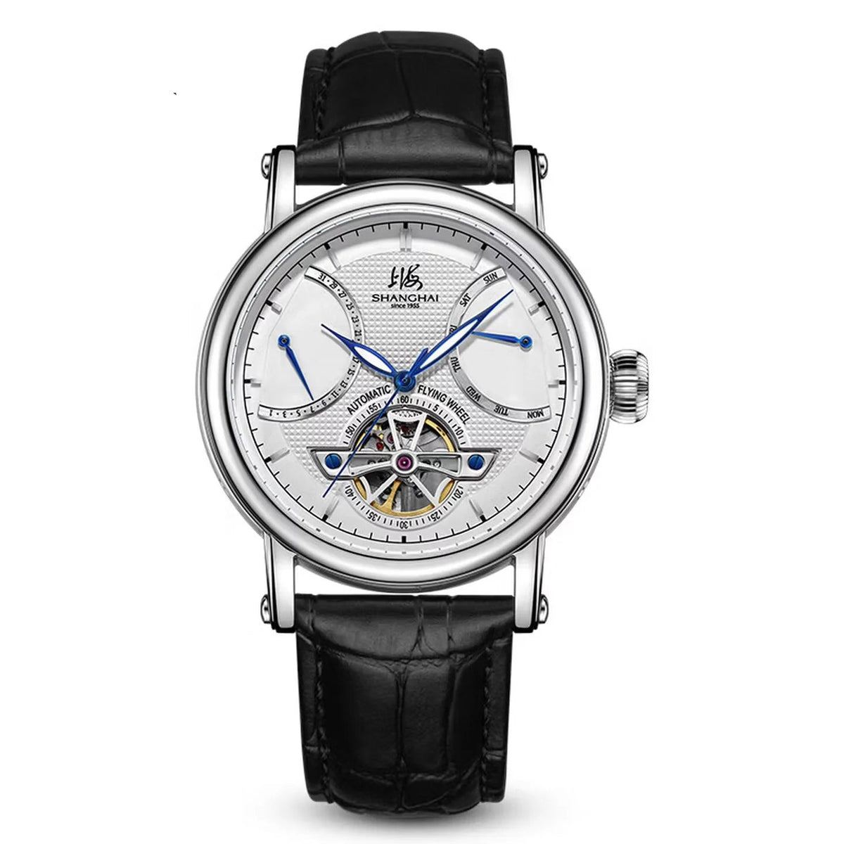 Shanghai S8924 automatic open-heart watch with guilloché dial and date and week display