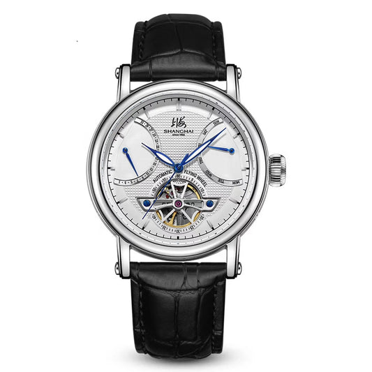 Shanghai S8924 automatic open-heart watch with guilloché dial and date and week display