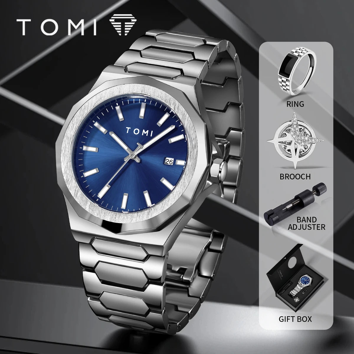 Bold Octagonal Style, Complete Gift Set — TOMI Quartz Watch Set [Multiple Colour Choices]