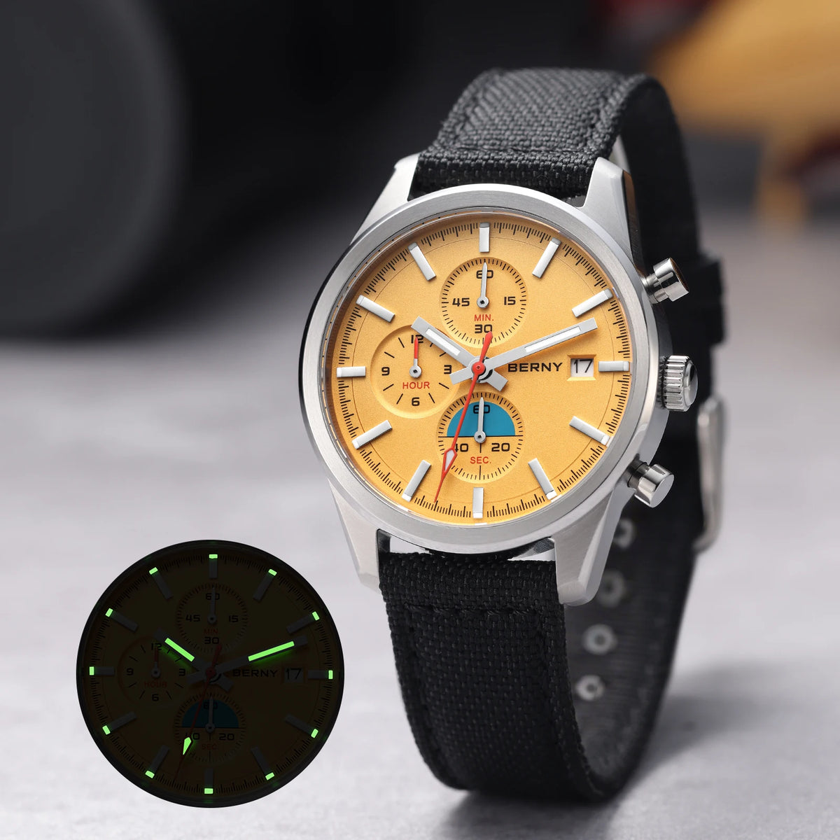 BERNY 2826M Chronograph — Miyota OS10 Quartz, AR-Coated Sapphire, 37mm, 50m, Luminous, Canvas Strap [Dial & Strap Options]