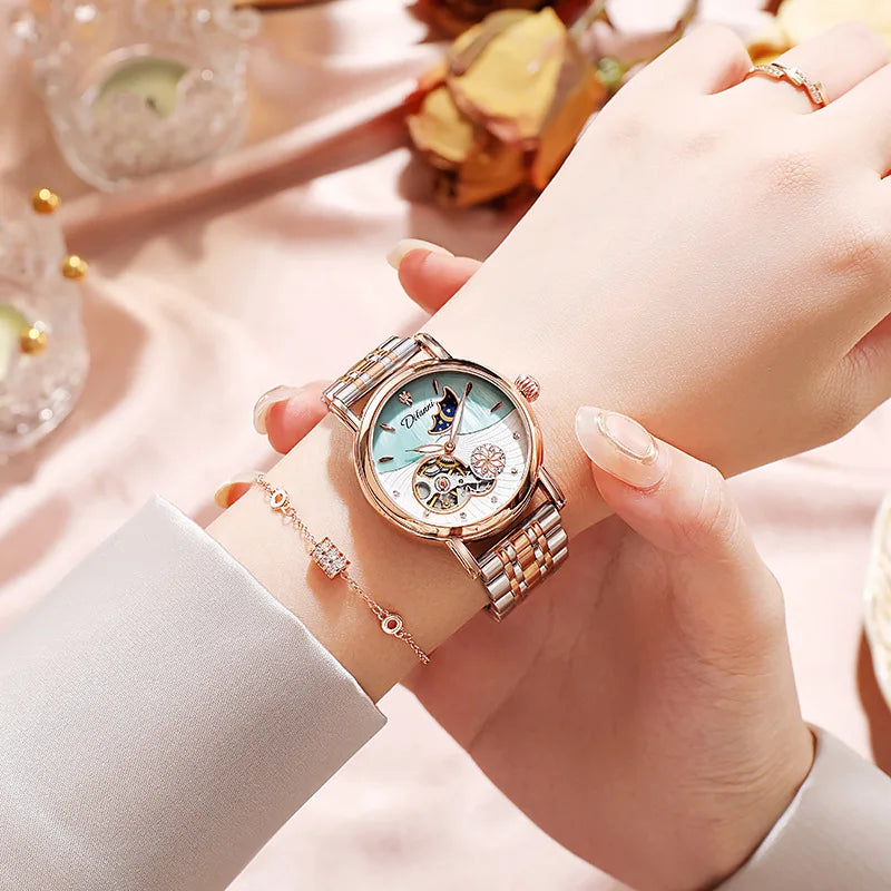 Enchanting Moon Phase Automatic Watch — Open Case Back, Stainless Steel, Ladies Mechanical Watch [Metal & Leather Strap Options]