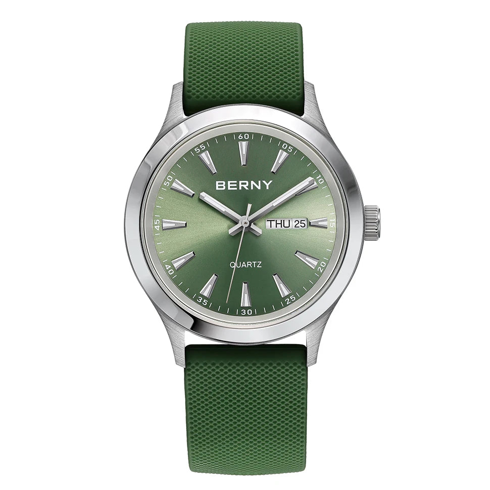 Beautiful  BERNY Everyday Watch — Complete Calendar, Genuine Japanese Movement, Silicone Strap