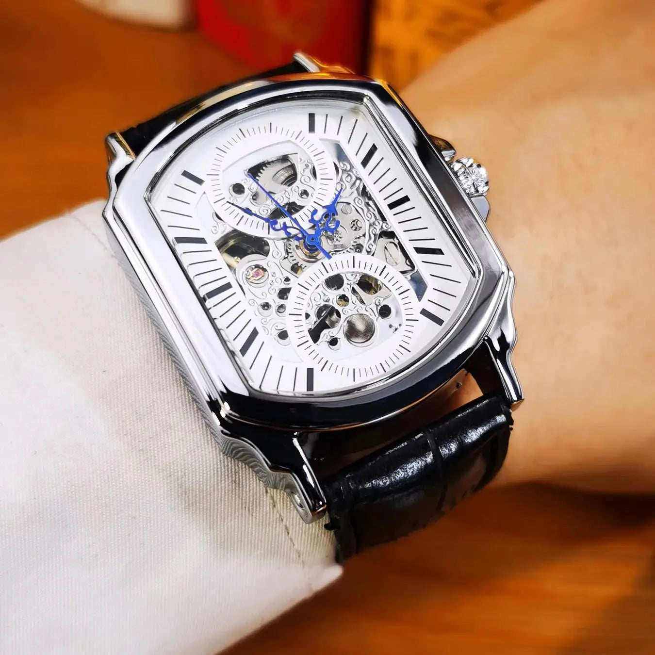 Bold Rectangle Skeleton Automatic Watch — Exhibition Case Back, Silver & White Dial