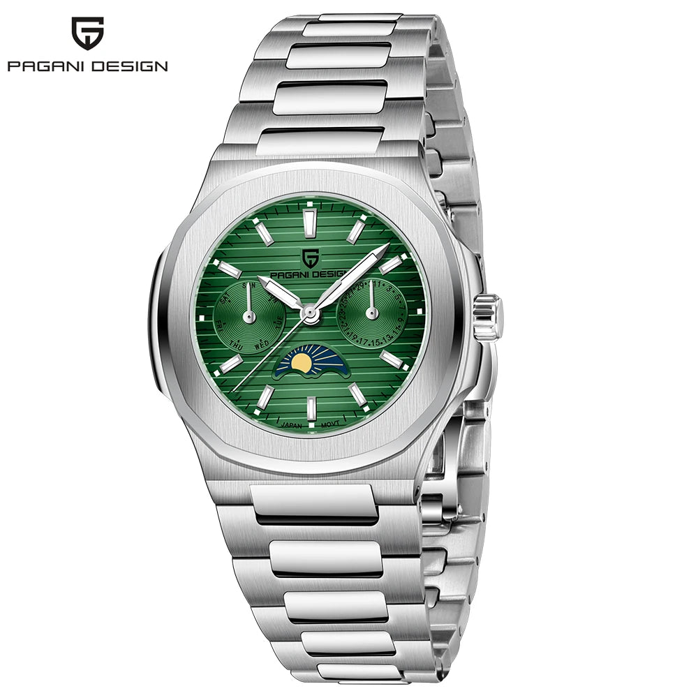Stand Out Pagani Design PD-1786 — Women's Quartz Watch, Moon Phase & Day-Date, Ceramic Bezel [Multiple Colour Options]