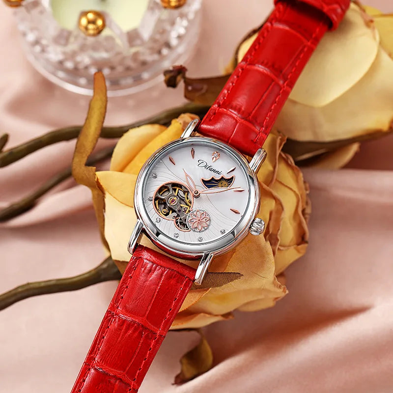 Enchanting Moon Phase Automatic Watch — Open Case Back, Stainless Steel, Ladies Mechanical Watch [Metal & Leather Strap Options]
