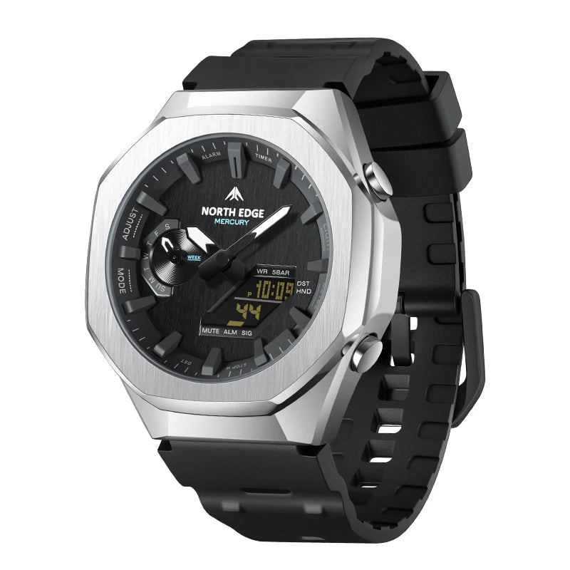 NORTH EDGE MERCURY Analog-Digital Sports Watch: World Time, Stopwatch, 5 Alarms, LED Backlight, 50m [Colour Options]