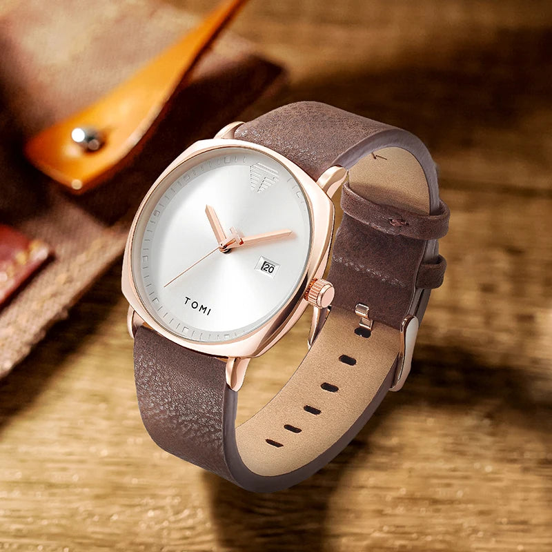 TOMI Classic Fashion Watch — Minimalist Numberless Dial, Genuine Leather [Multiple Strap & Colour Choices]