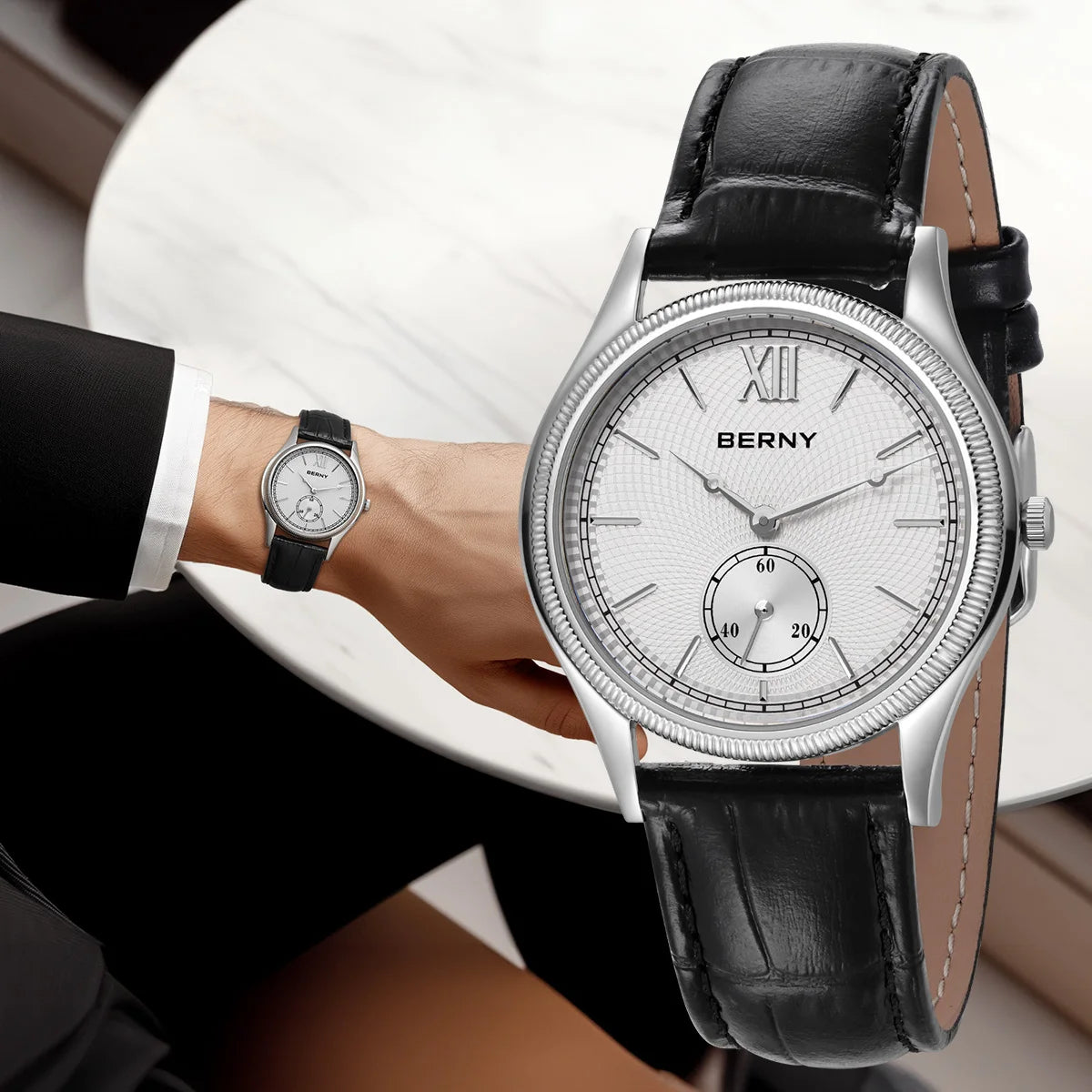 Beautiful Stand Out BERNY 2944M Slim Fashion Watch — Miyota 1L45 Quartz, Stainless Steel, Leather Strap