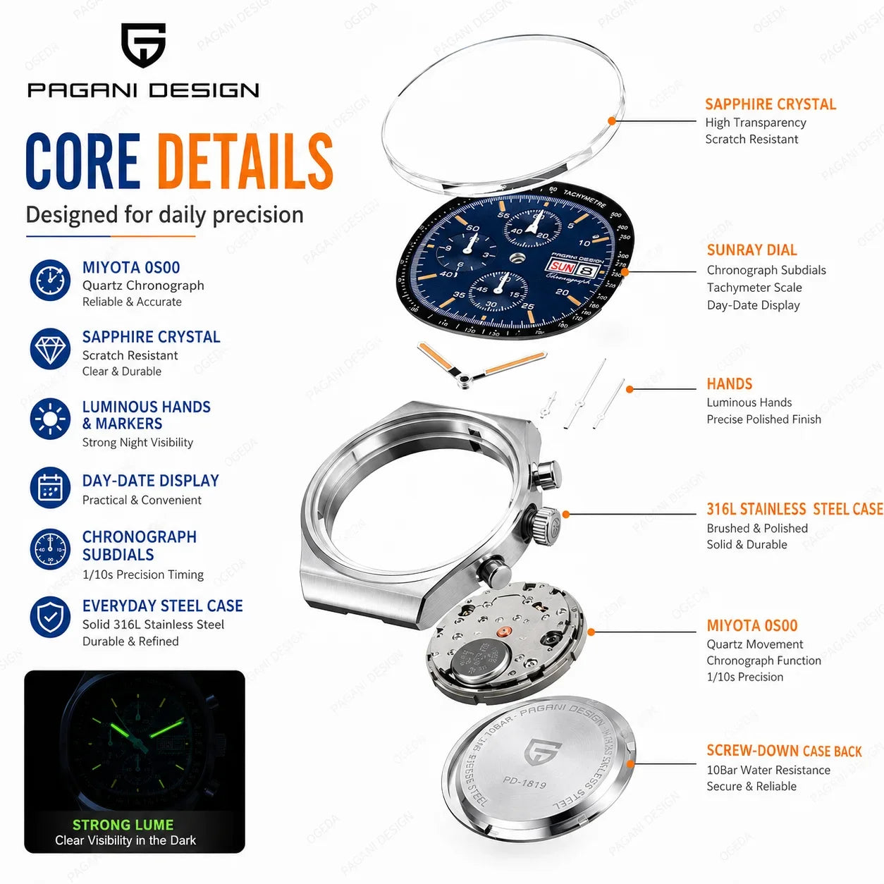 The Real Deal for Speed — PAGANI DESIGN PD1819 Chronograph, Japanese Movement, Sapphire, 100M [Colour Options]
