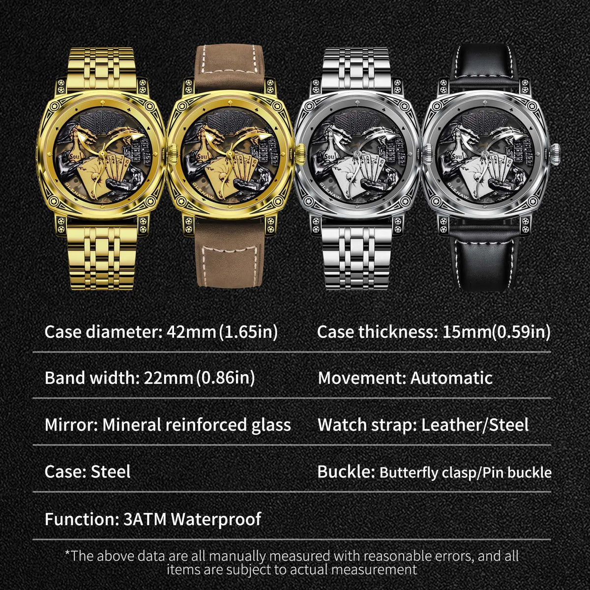 Stand Out Poker Dial Statement — GLENAW Automatic Mechanical Watch, Stainless Steel Case, Card Suit Dial [Strap & Colour Options]