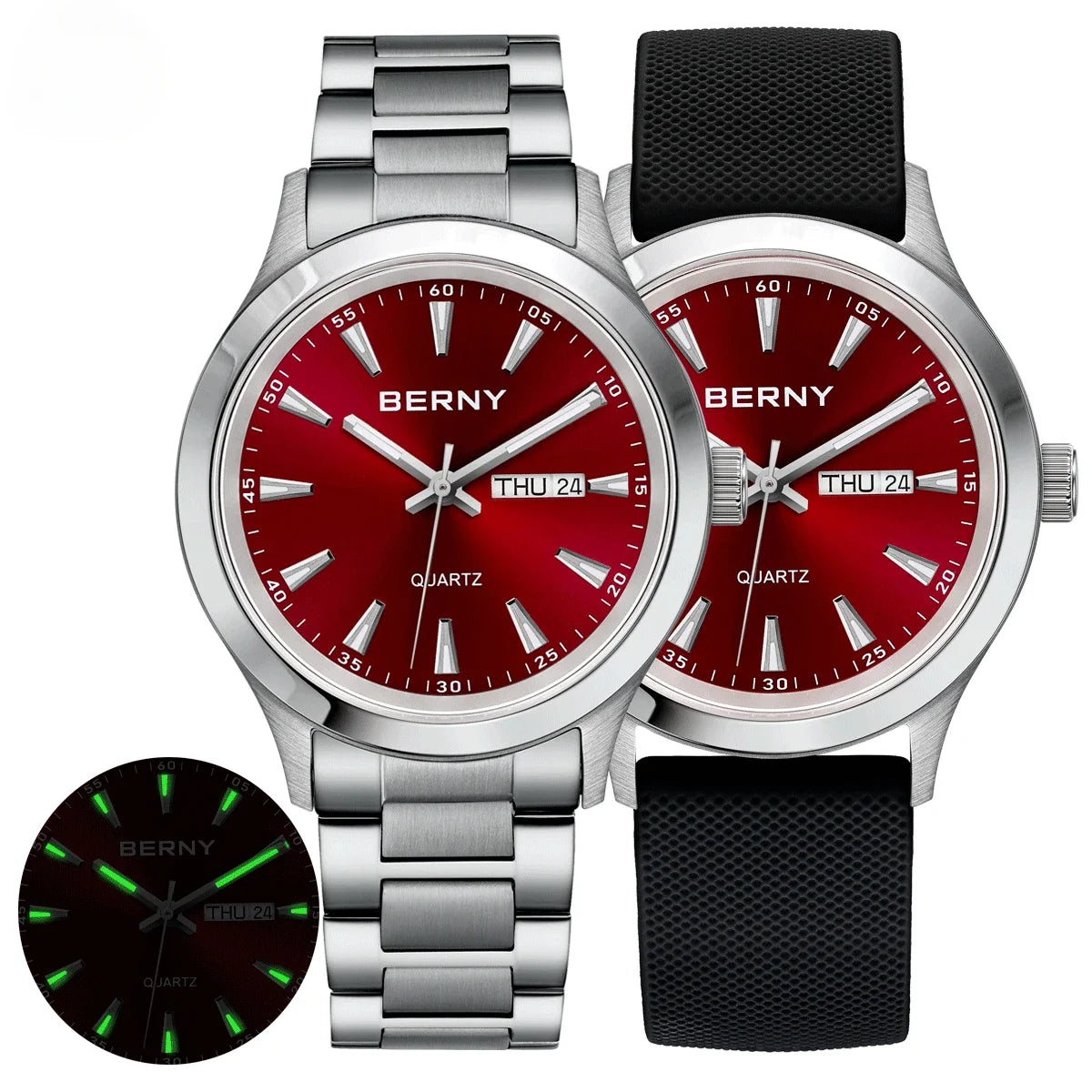 Beautiful  BERNY Everyday Watch — Complete Calendar, Genuine Japanese Movement, Silicone Strap