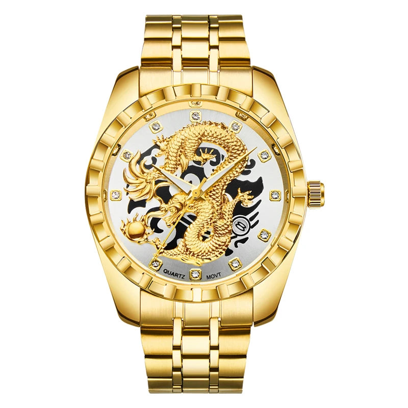 WLISTH 3D Golden Dragon Quartz Watch – Bold Dragon Dial, Stainless Steel Case, Water-Resistant & Luminous – Impossible to Miss