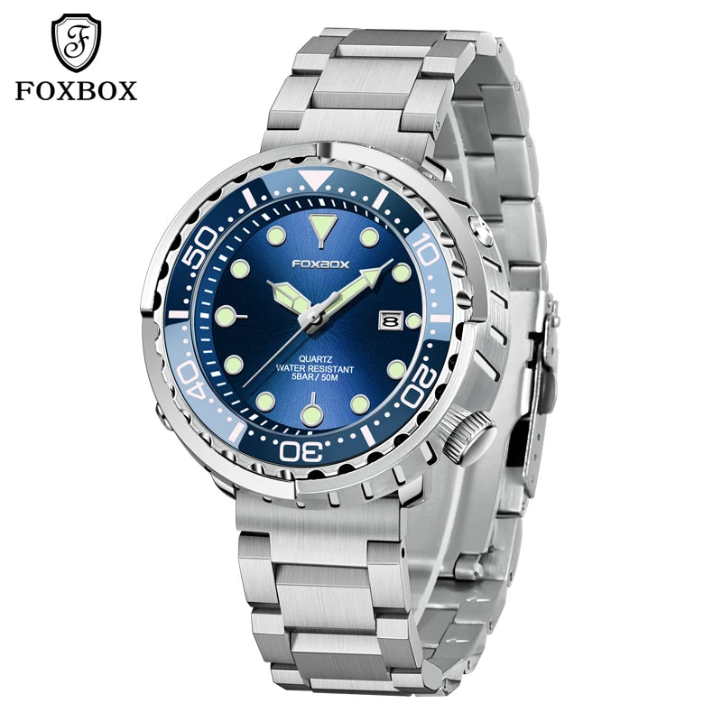 FOXBOX Shrouded Dive Watch — 50m Water Resistant, Auto Date, Luminous [Silicone & Metal Strap / Colour Options]