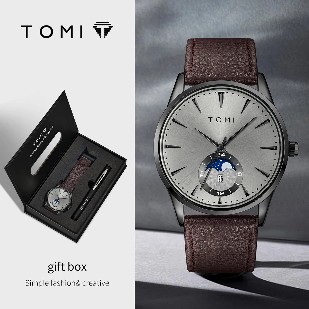 TOMI Men's Watch & Pen Gift Set — Sun & Moon Dial, Business Style, Boxed for Gifting [Colour Options]