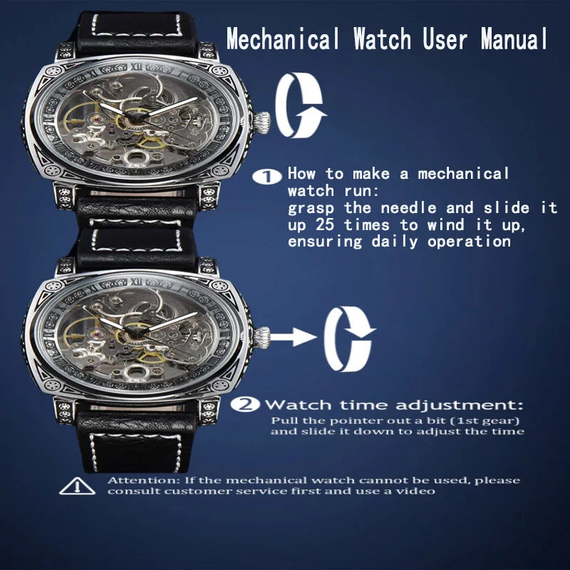 Skeleton Engraved Watch — Automatic Movement, Exhibition Case Back, Leather Strap  [Colour & Case Options]