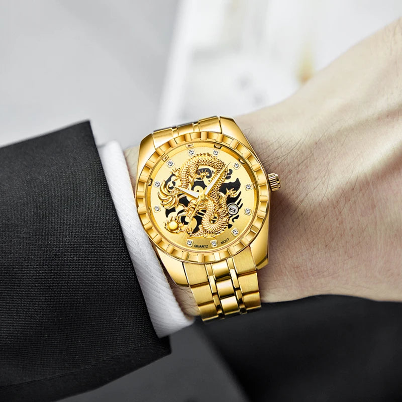 WLISTH 3D Golden Dragon Quartz Watch – Bold Dragon Dial, Stainless Steel Case, Water-Resistant & Luminous – Impossible to Miss