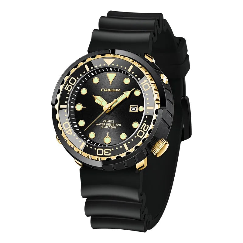 FOXBOX Shrouded Dive Watch — 50m Water Resistant, Auto Date, Luminous [Silicone & Metal Strap / Colour Options]