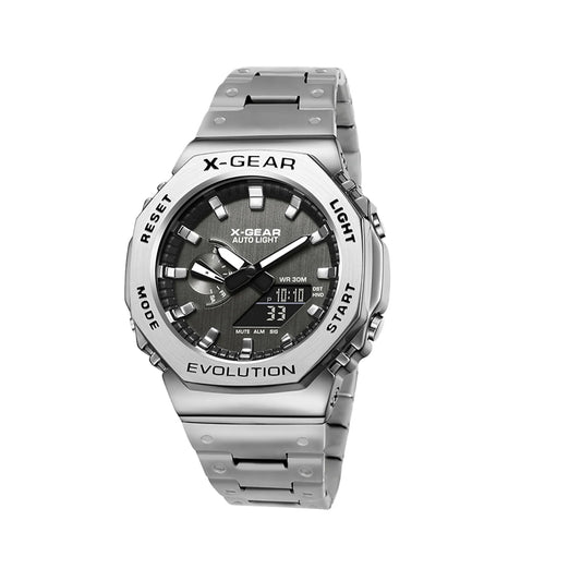 X-GEAR XG-2232G dual display analog-digital sports watch with steel strap