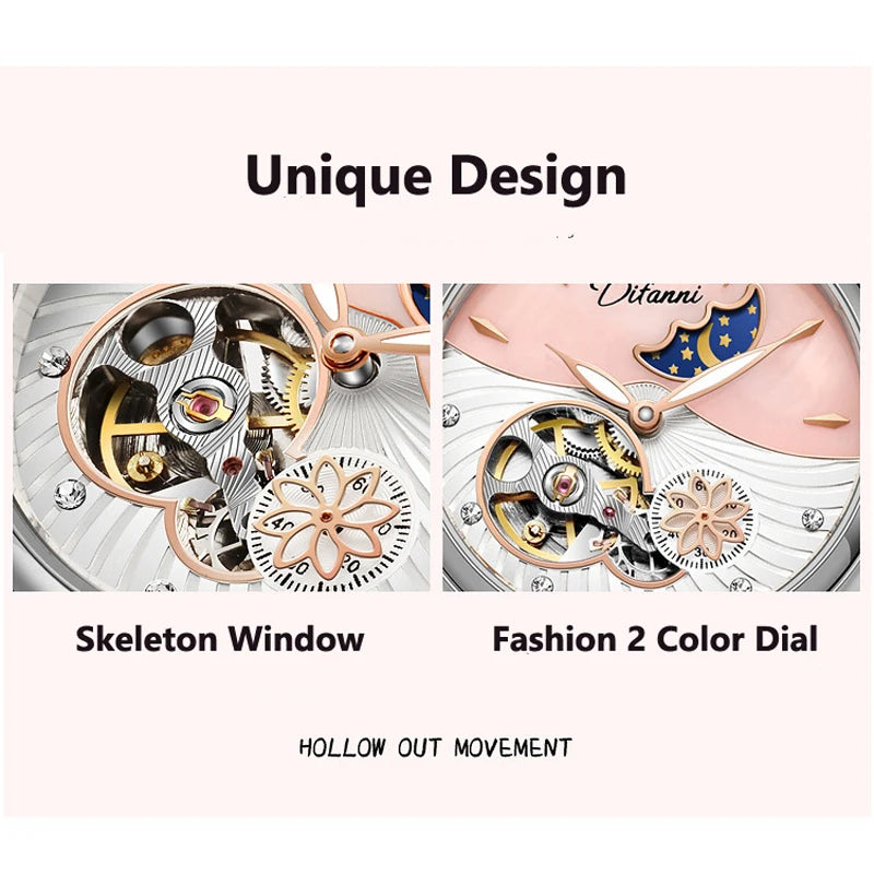 Enchanting Moon Phase Automatic Watch — Open Case Back, Stainless Steel, Ladies Mechanical Watch [Metal & Leather Strap Options]