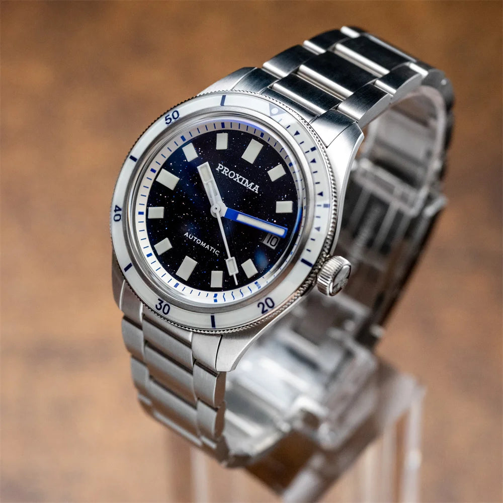 Proxima Mens Automatic Watch — Aventurine Dial, Full-Lume Sapphire Bezel — Quiet Luxury