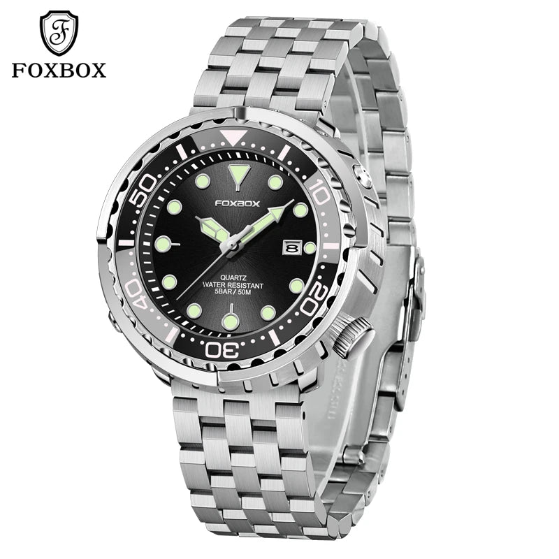 FOXBOX Shrouded Dive Watch — 50m Water Resistant, Auto Date, Luminous [Silicone & Metal Strap / Colour Options]