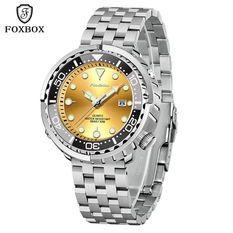 FOXBOX Shrouded Dive Watch — 50m Water Resistant, Auto Date, Luminous [Silicone & Metal Strap / Colour Options]