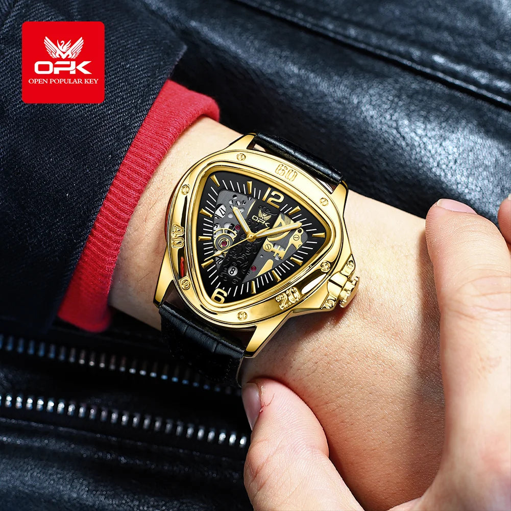 OPK Mens — Alien Style Triangle Case Watch, Bold Large Dial, Complete Calendar [Colour Options]