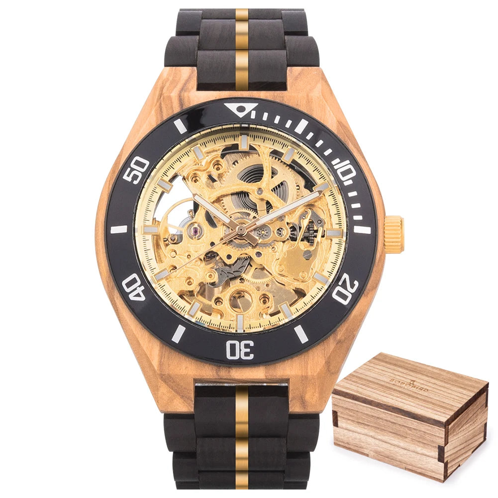 BOBO BIRD Wooden Skeleton Watch – Automatic Mechanical Men's Watch, Genuine Wood Case & Strap, Gift Box Included – The Natural Choice