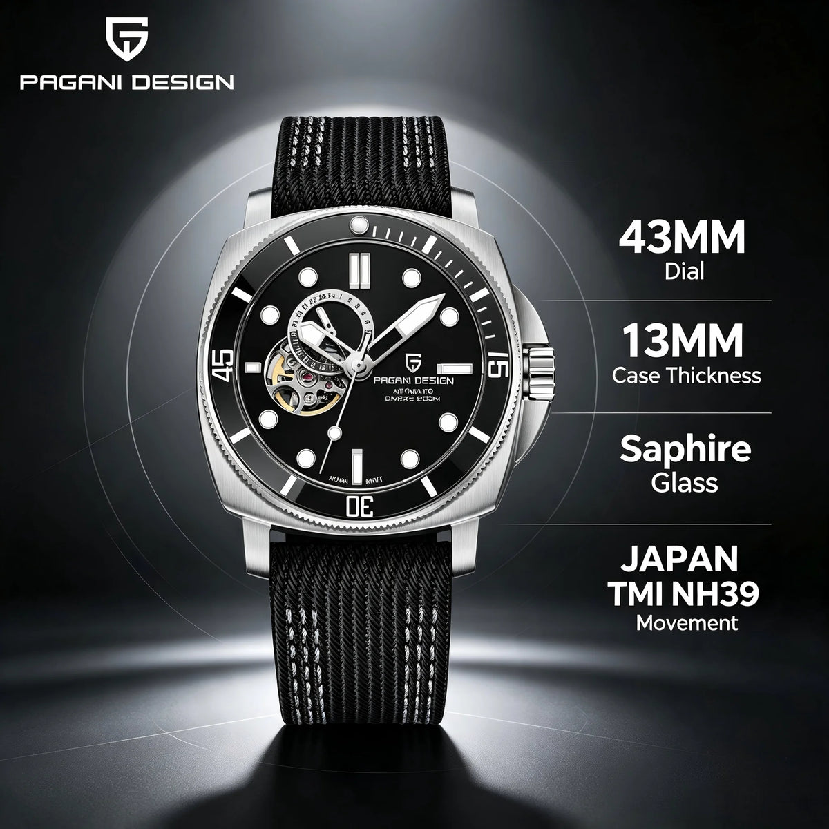 PAGANI DESIGN PD1736 Men's Automatic Open-Heart Dive Watch, TMI NH39, Sapphire, 200m Water Resistant