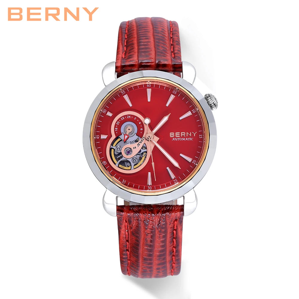 Beautiful BERNY AM107L — Women's Open Heart Automatic Watch, 24 Jewels, Genuine Leather Strap, Sapphire