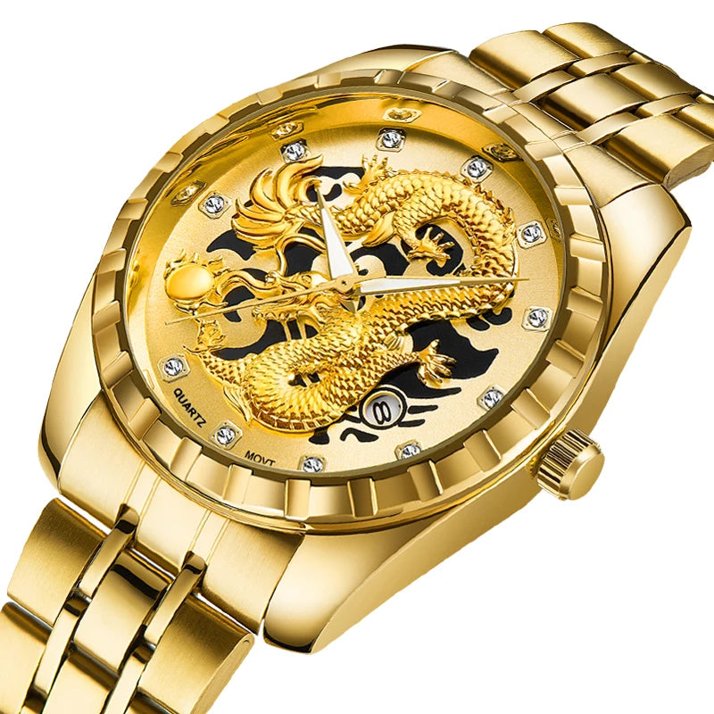 WLISTH 3D Golden Dragon Quartz Watch – Bold Dragon Dial, Stainless Steel Case, Water-Resistant & Luminous – Impossible to Miss