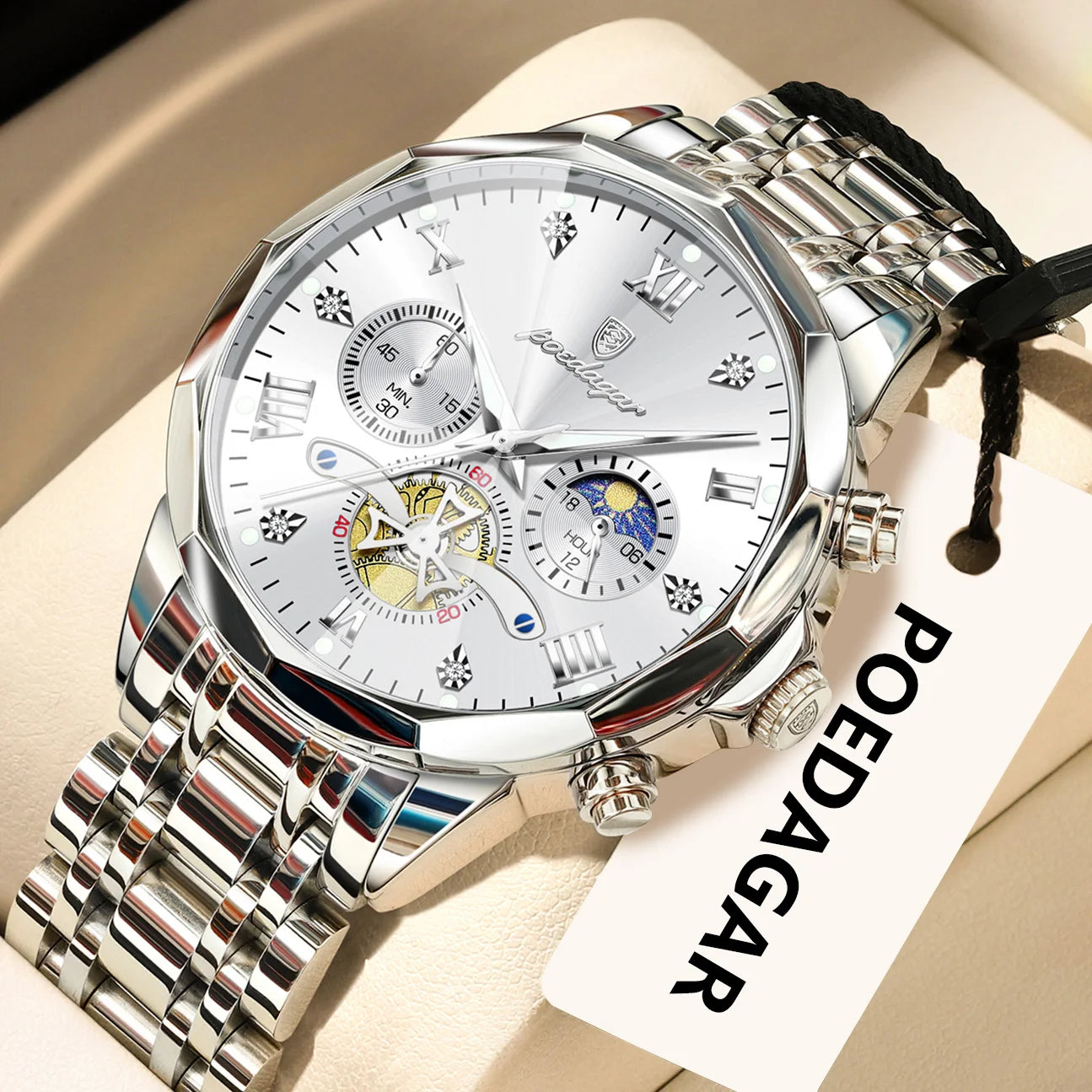 Mega Value But Stunning Chronograph — POEDAGAR Quartz, Spinning Rotor Seconds Hand, Stainless Steel [Multiple Colour Options]