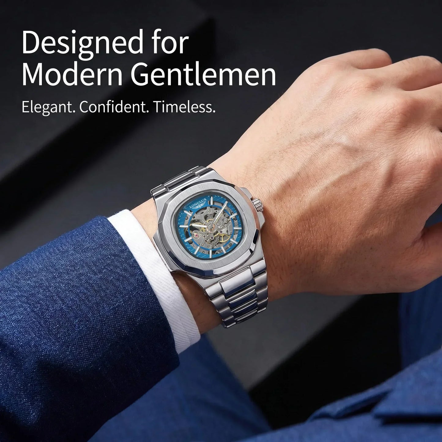 Impossible to Ignore — LONGLUX Skeleton Automatic Watch, Irregular Case, Stainless Steel