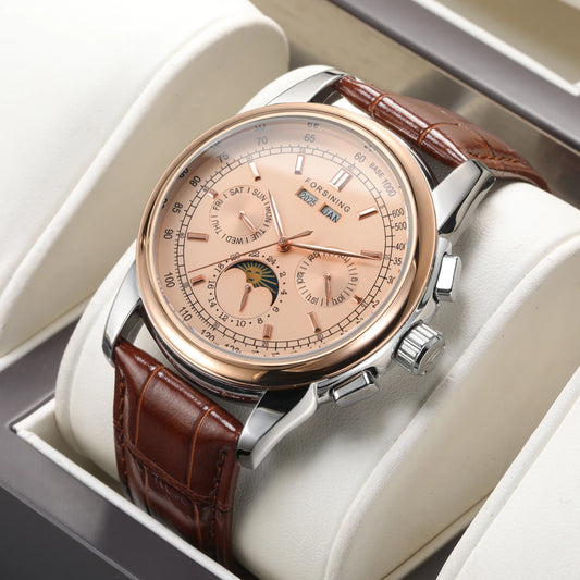 Forsining FS 177 retro automatic moon phase watch, rose gold case, brown leather strap