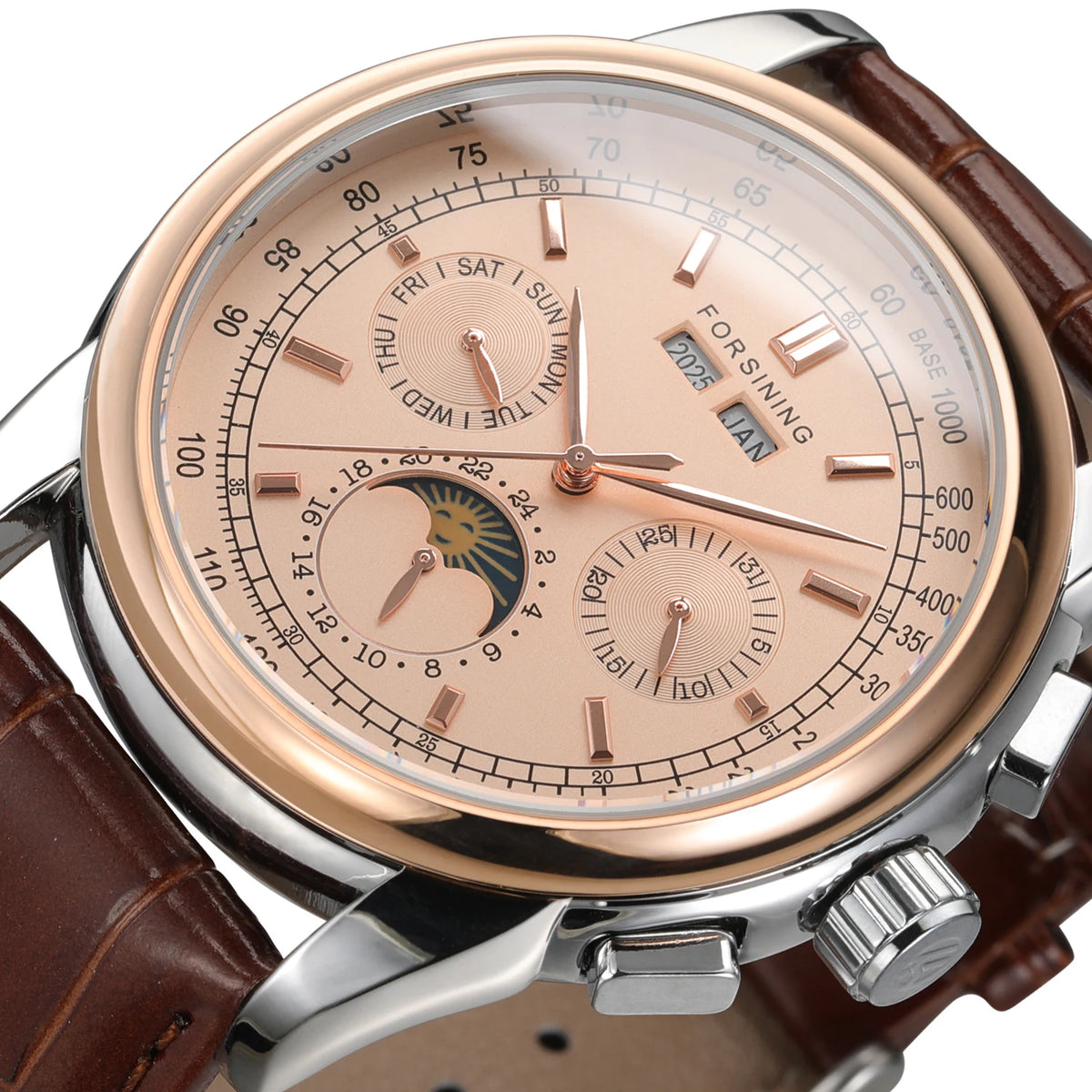 Forsining FS 177 — Retro Moon Phase Automatic Watch, Rose Gold Case, Brown Leather Strap, Self-Winding Movement