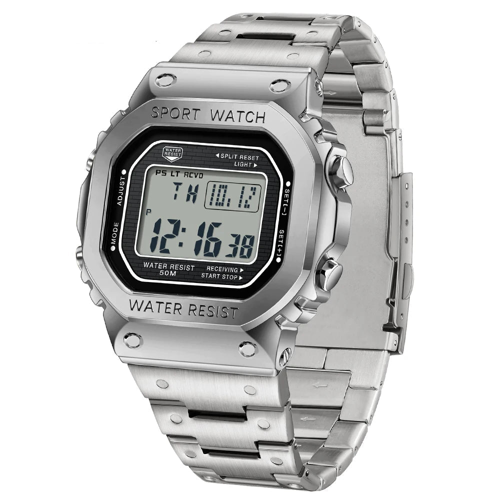 SANDA 2162 men's LED digital sports watch with stainless steel bracelet