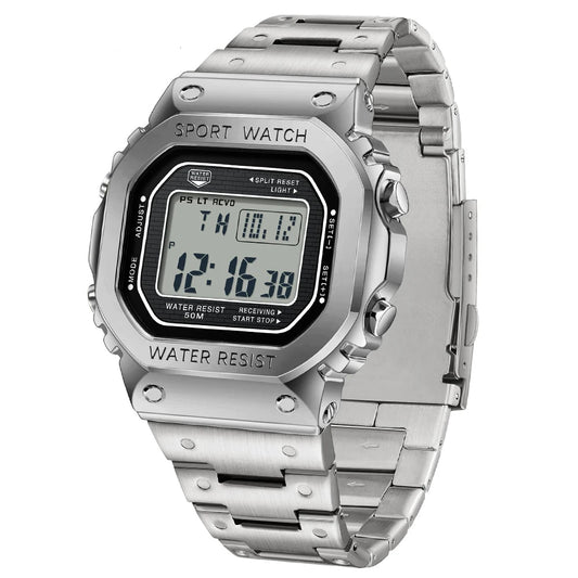 SANDA 2162 men's LED digital sports watch with stainless steel bracelet
