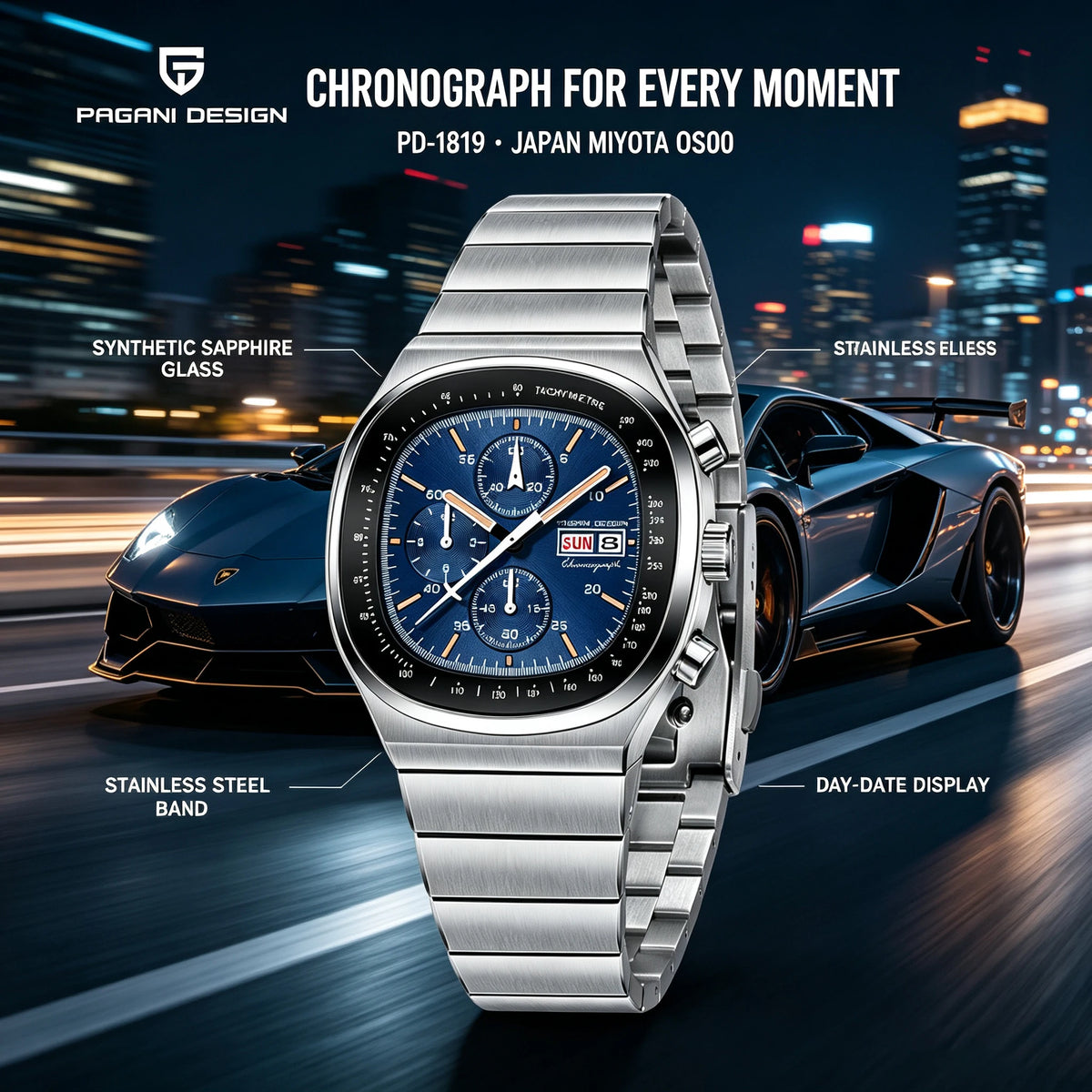 PAGANI DESIGN PD1819 blue-dial chronograph on steel bracelet, night city scene with feature call-outs