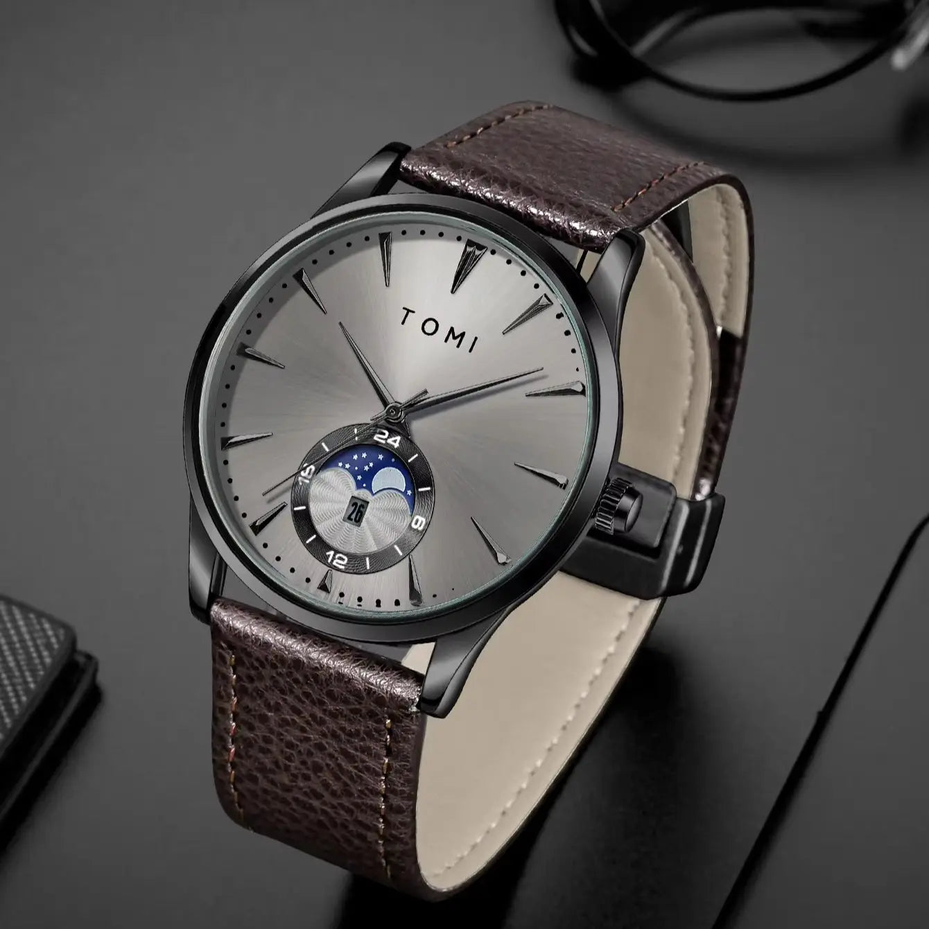 TOMI Men's Watch & Pen Gift Set — Sun & Moon Dial, Business Style, Boxed for Gifting [Colour Options]