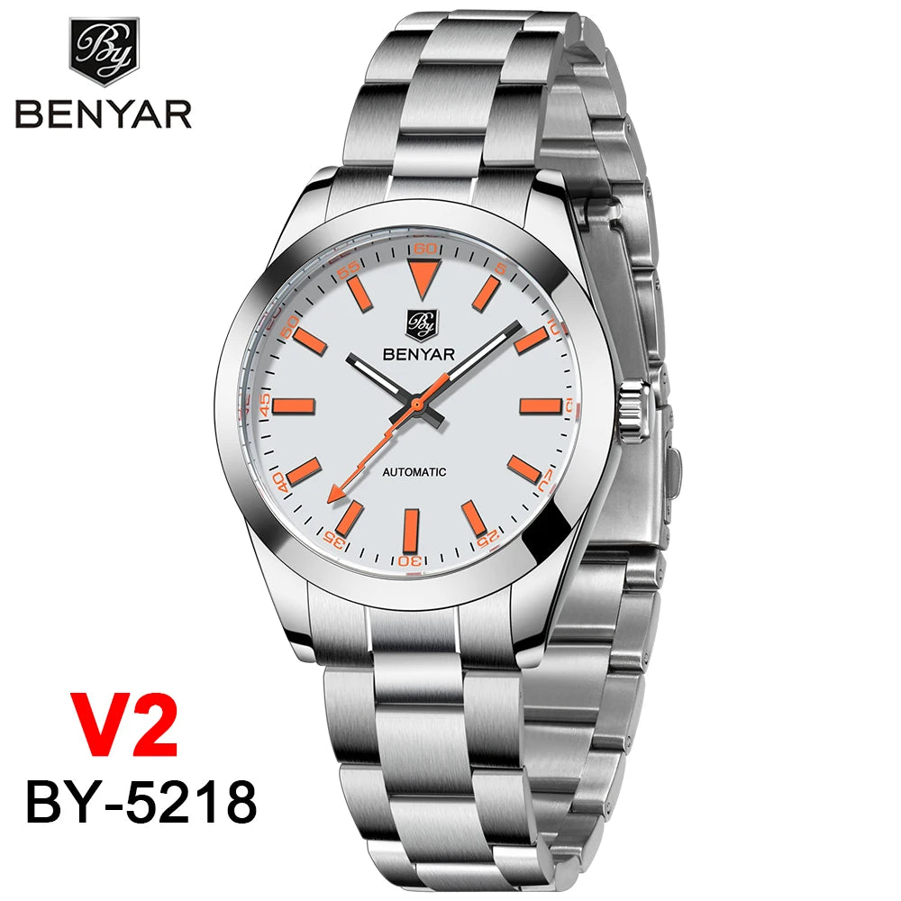BENYAR Automatic Watch — Orange Lightning-Bolt Seconds Hand, 50M Water Resistant Metal Oyster Strap [Colour Choices]