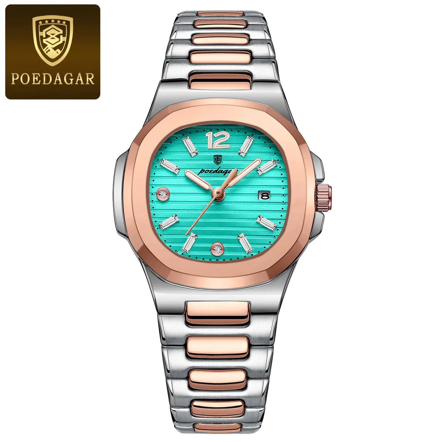 Eye Catching POEDAGAR 789S-WH — Women's Square Watch, Looks Far More Expensive Than Its Price, Luminous & Date [Silver & Rose Gold Options]