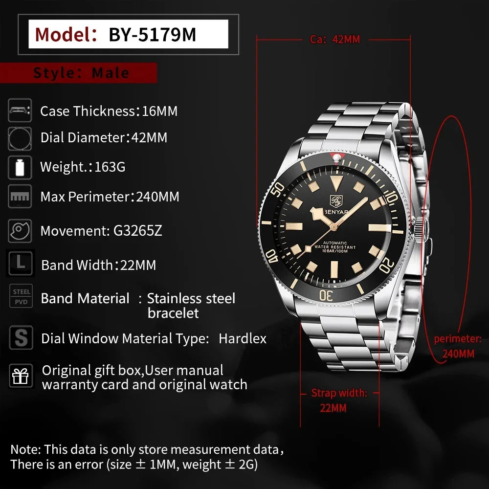 BENYAR Vintage-Inspired Diver Watch — Automatic, Exhibition Case Back 100M Water Resistant [Colour Options]