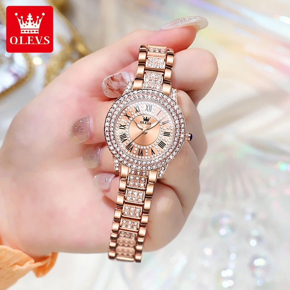 Striking OLEVS Roman Dial Watch — Sparkling Crystal Accents, Luminous Hands, Ladies Quartz Watch