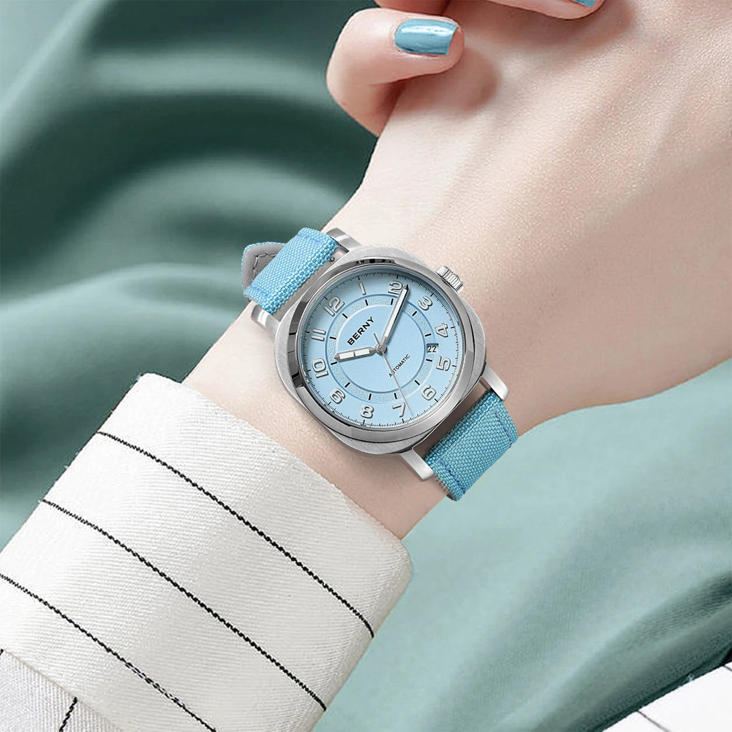 Head Turning BERNY Automatic — Women's Pillow Cushion Watch, Automatic Movement, Sapphire, Canvas Strap
