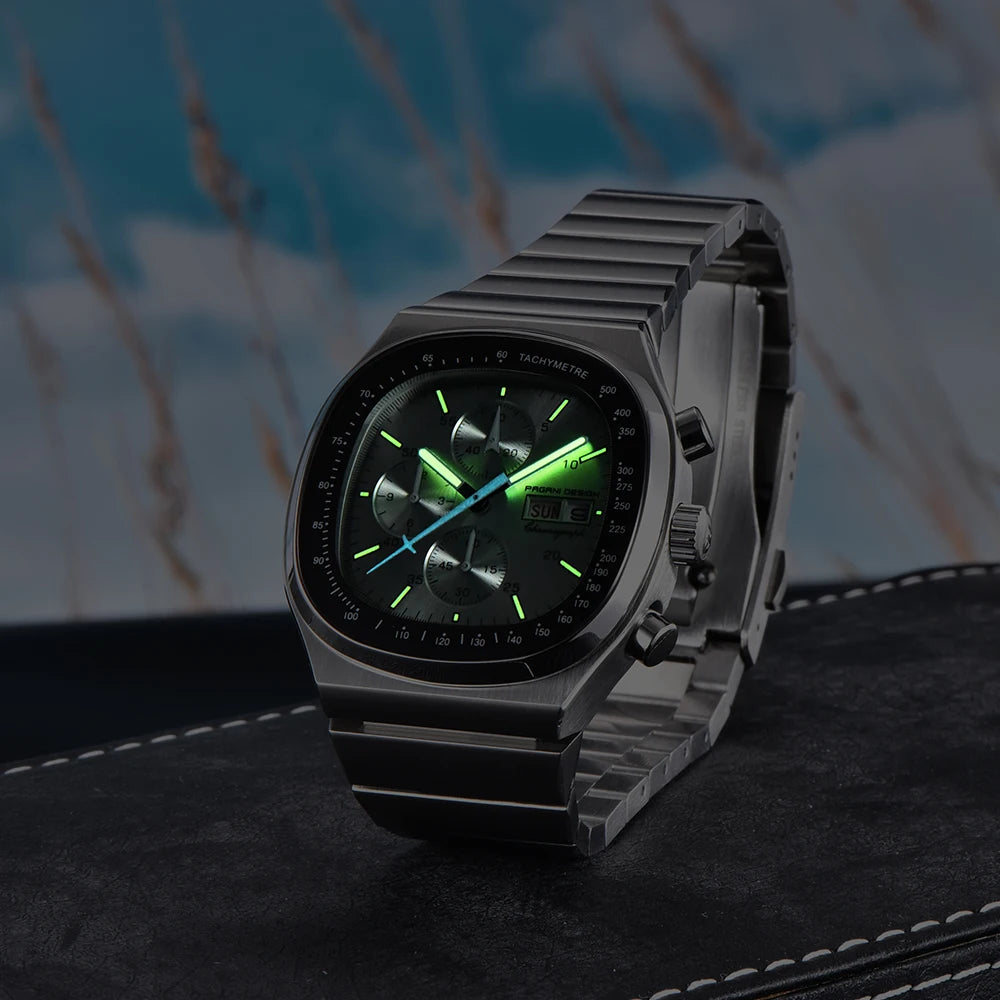 PAGANI DESIGN PD1819 chronograph with glowing green lume on hands and markers, angled view