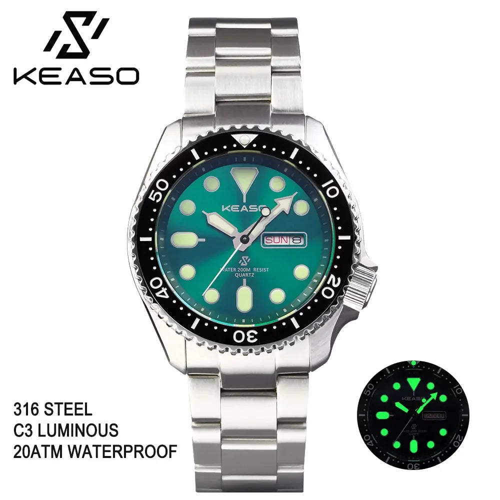 Beautiful KEASO Tribute Dive Watch with high specs — 200M, Sapphire, MIYOTA 2035 Quartz, Bright Bold Dial Options